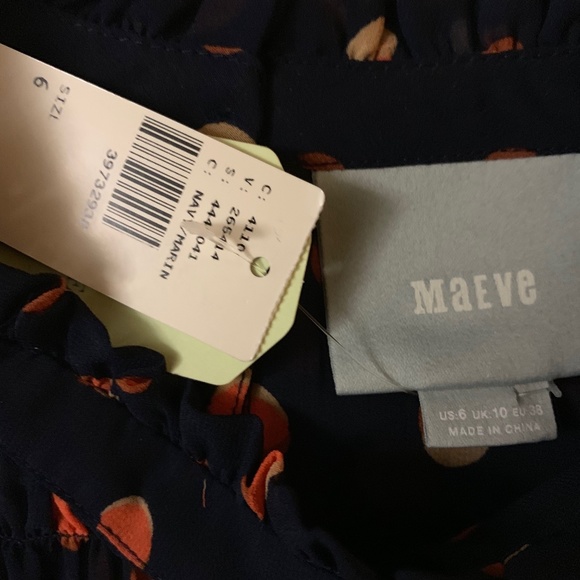 NWT Maeve Navy & Orange Polka-Dotted Ruffled High-Neck Sleeveless Blouse Size 6 - Picture 2 of 3